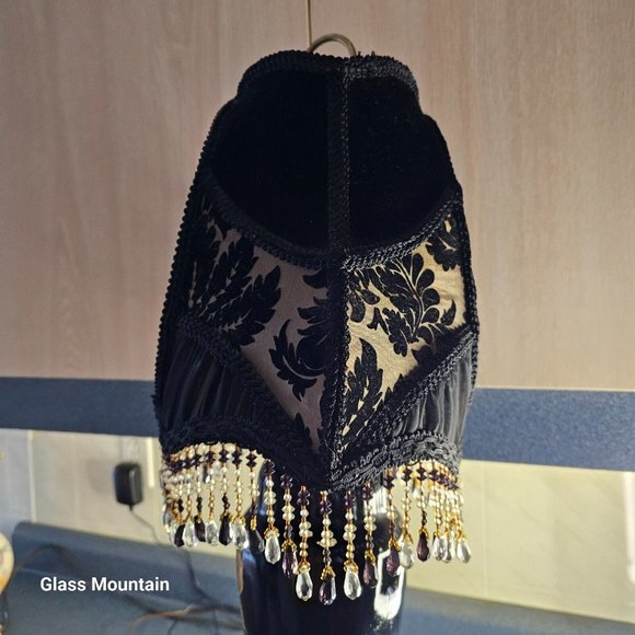 SOLD - Victorian Hand Sewn Woman & Lambs Floral Glass Beaded Fringe Lamp Shade - Picture 4 of 10